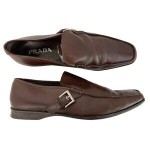 VTG Prada Italy Mens Brown Leather Buckle Loafers Size 10 US Slip On 2D width